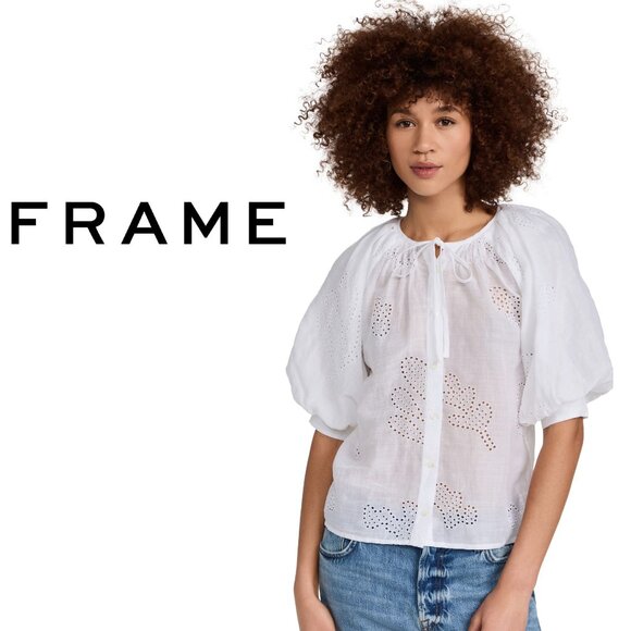 Frame White Eyelet Puff Sleeve Shirt, Designer brands Hot Sales! - Picture 1 of 4